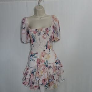 Yumi Kim Pink Floral So Romantic Mini Dress Smocked Bodice Layered Skirt X-Small